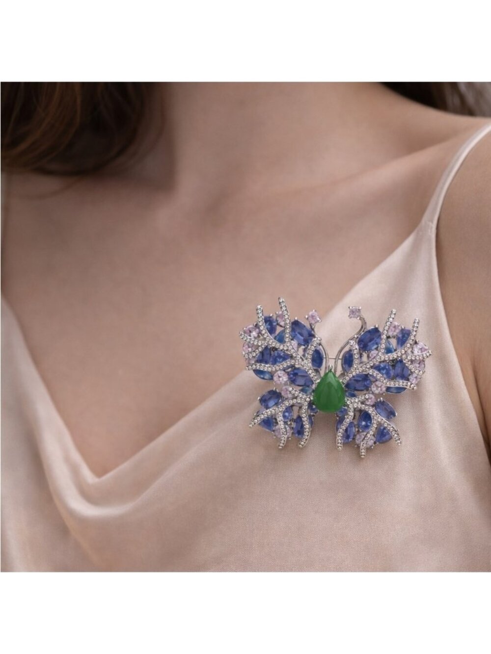 Whimsical Butterfly Blue Green Gem Brooch